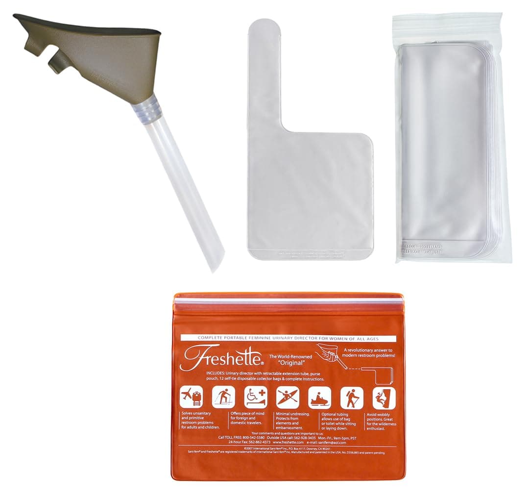 FreshetteComplete Portable Feminine Urinary Director with Vinyl Carrying Case - Reusable Retractable Stand Up Urination Device - Includes 12 Disposable Collection Bags
