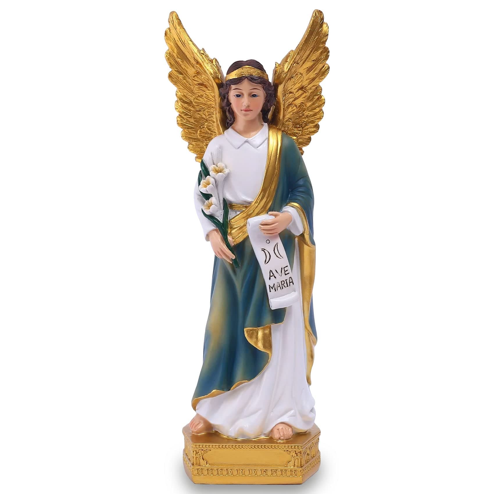 QIANLING Statue of St. Gabriel The Archangel, 8in H Resin Catholic Gift Saint Gabriel The Messenger of God Figurine, Suitable for Religious and Home Decor Filling Indoor Space,Blue,white