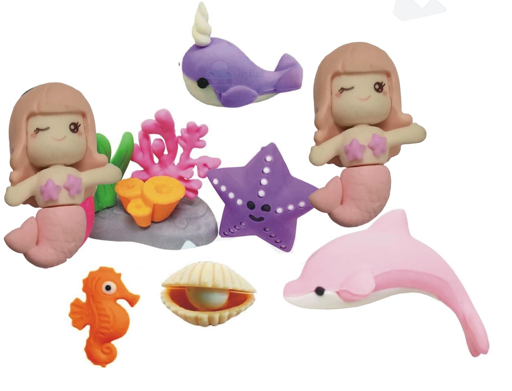 BKDT Marketing Mermaid & Ocean Animal Erasers for Kids - School Stationary Kit for Kids, Return Gifts for Kids- Mermaid Playset Erasers for Kids, Birthday Return Gift - 8 Pcs