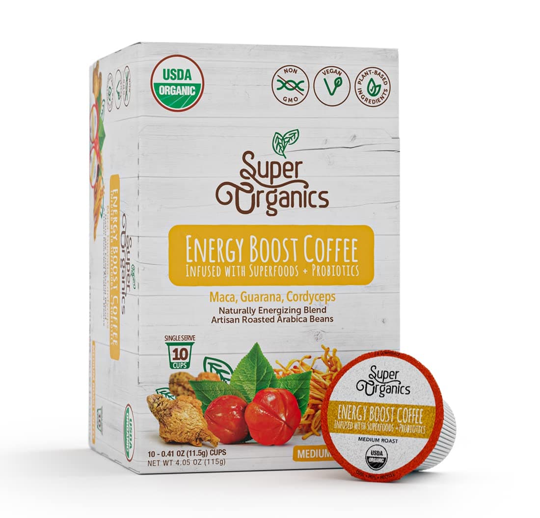 Super Organics Energy Boost Coffee Brew Cups with Superfoods & Probiotics Keurig K-Cup Compatible Energizing, Stamina Medium Roast, USDA Certified Organic, Vegan, Non-GMO, 10ct