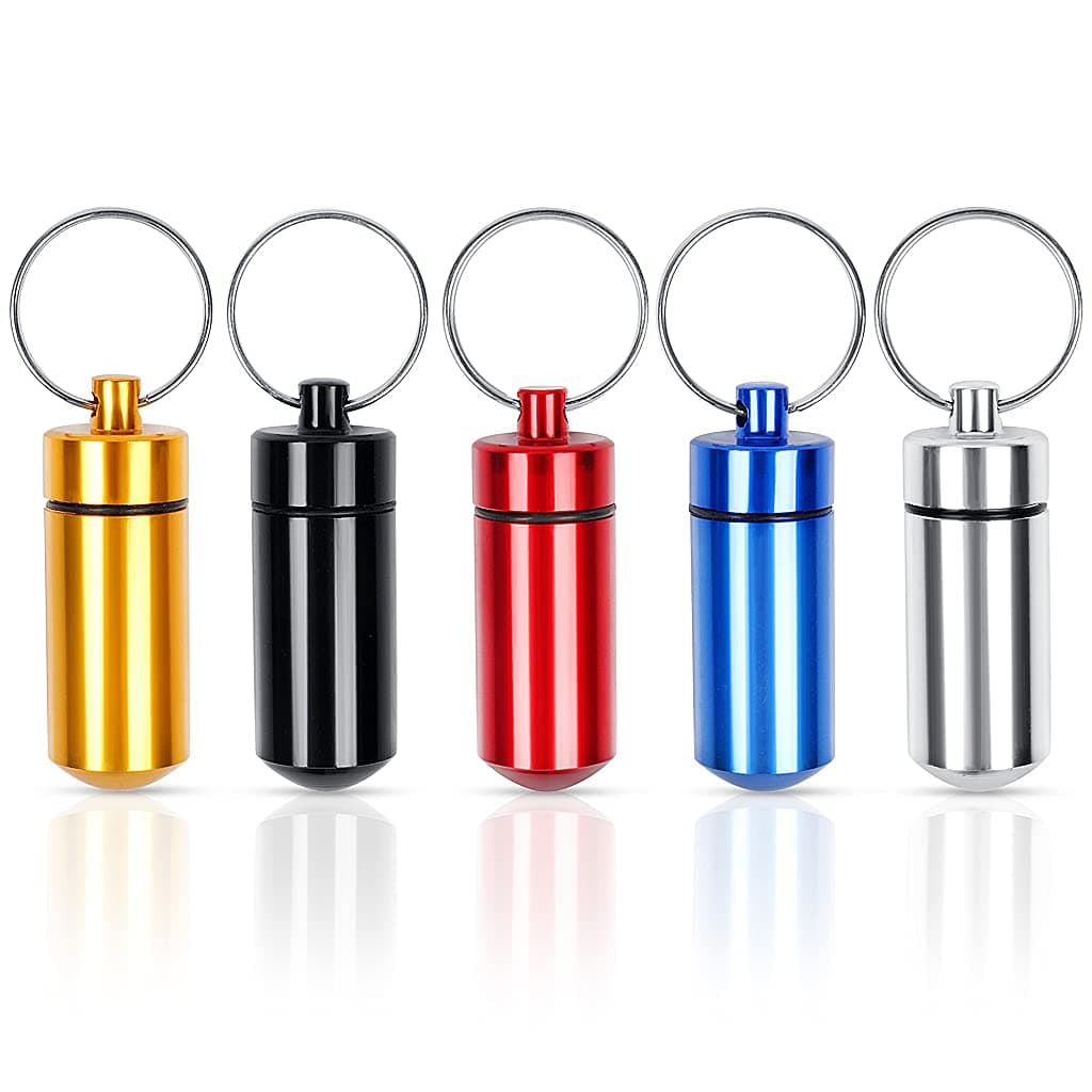 ZGTS 5PCS Waterproof Aluminum Pill Box Pocket Pill Case Portable Container Keychain Pill Holder Pill Container for Outdoor Travel Camping Multi Colors