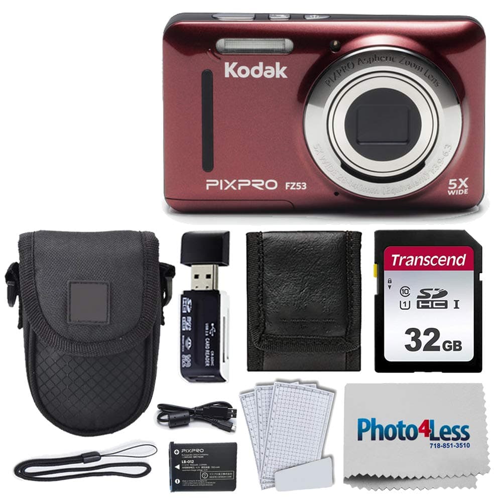 Kodak PIXPRO FZ53 16.15MP Digital Camera (Red) + Black Point & Shoot Case + Transcend 32GB UHS-I U1 SD Memory Card & More!