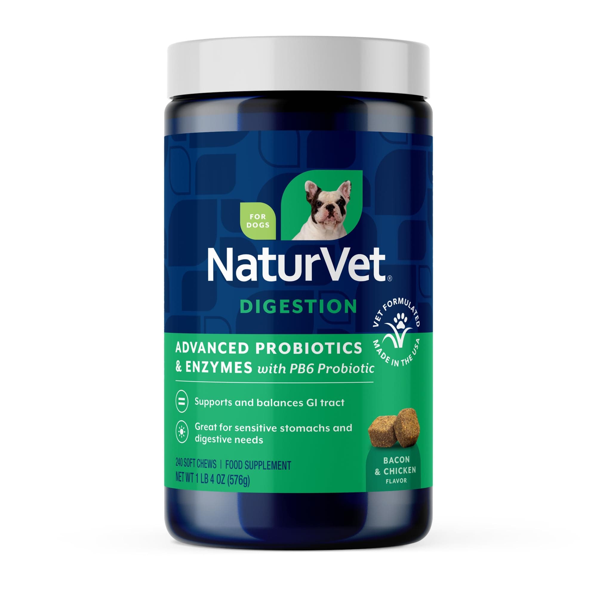 NaturVet Advanced Probiotics & Enzymes, PB6 Dog Soft Chews to Help Sensitive Stomachs and Digestive Issues, Hickory Smoked Bacon Flavored Pet Supplement for Dogs Over 6 Weeks, 240 Count Jar