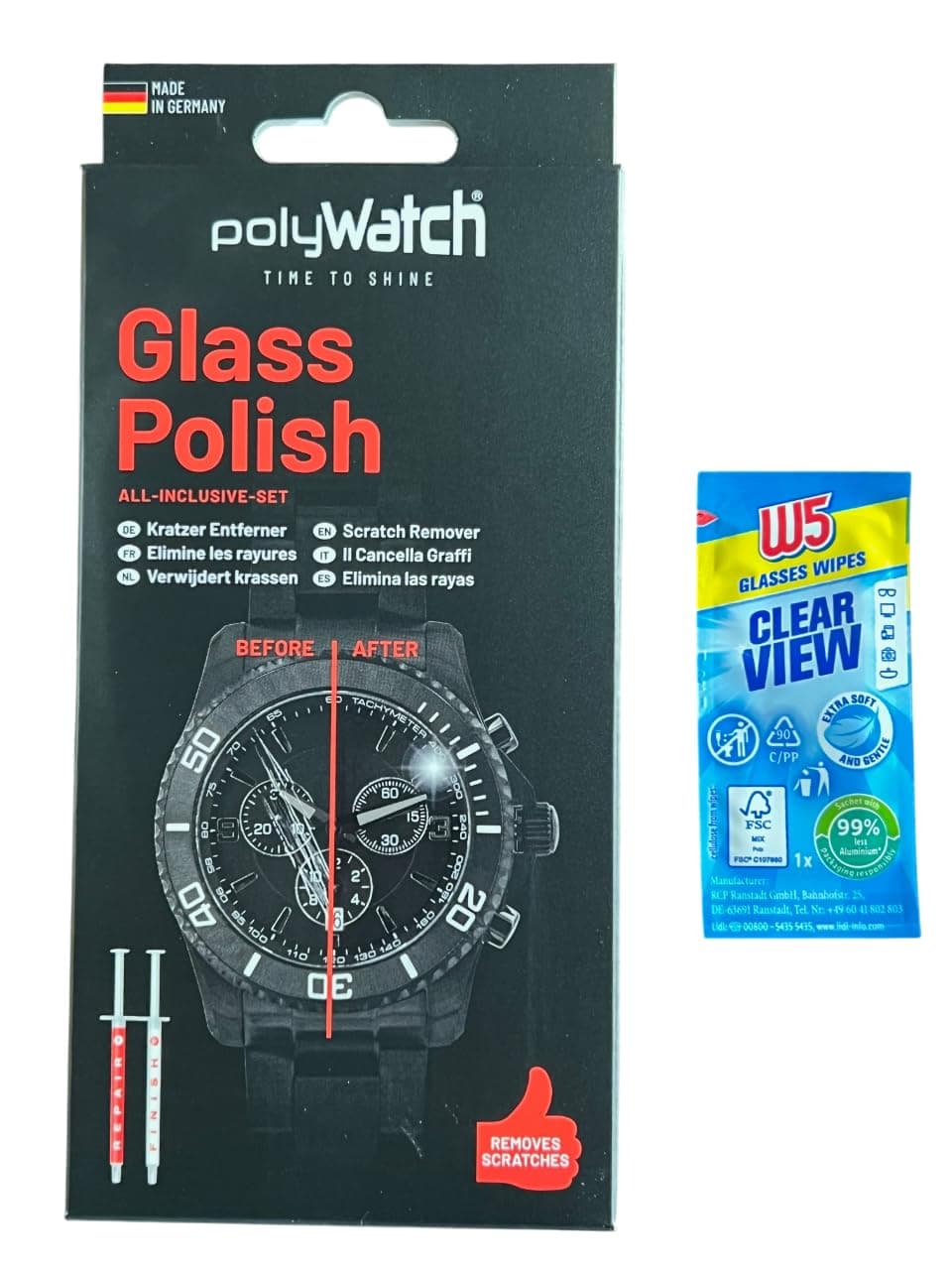 Polywatch Watch Crystal Glass polishing Paste with W5 Wipe Cleaner