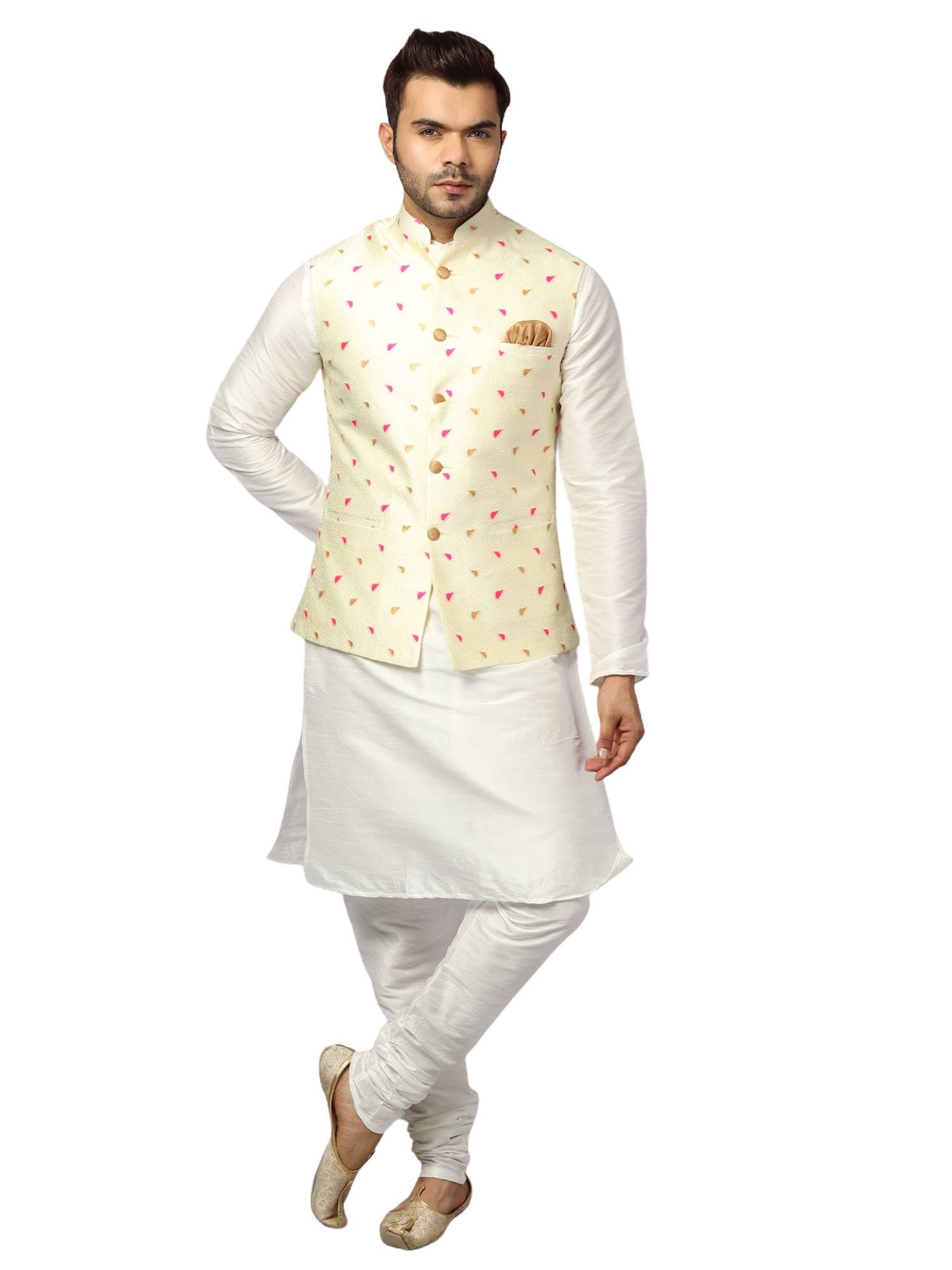 Men's Silk Blend Kurta Pajama with Designer Ethnic Nehru Jacket/Modi Jacket