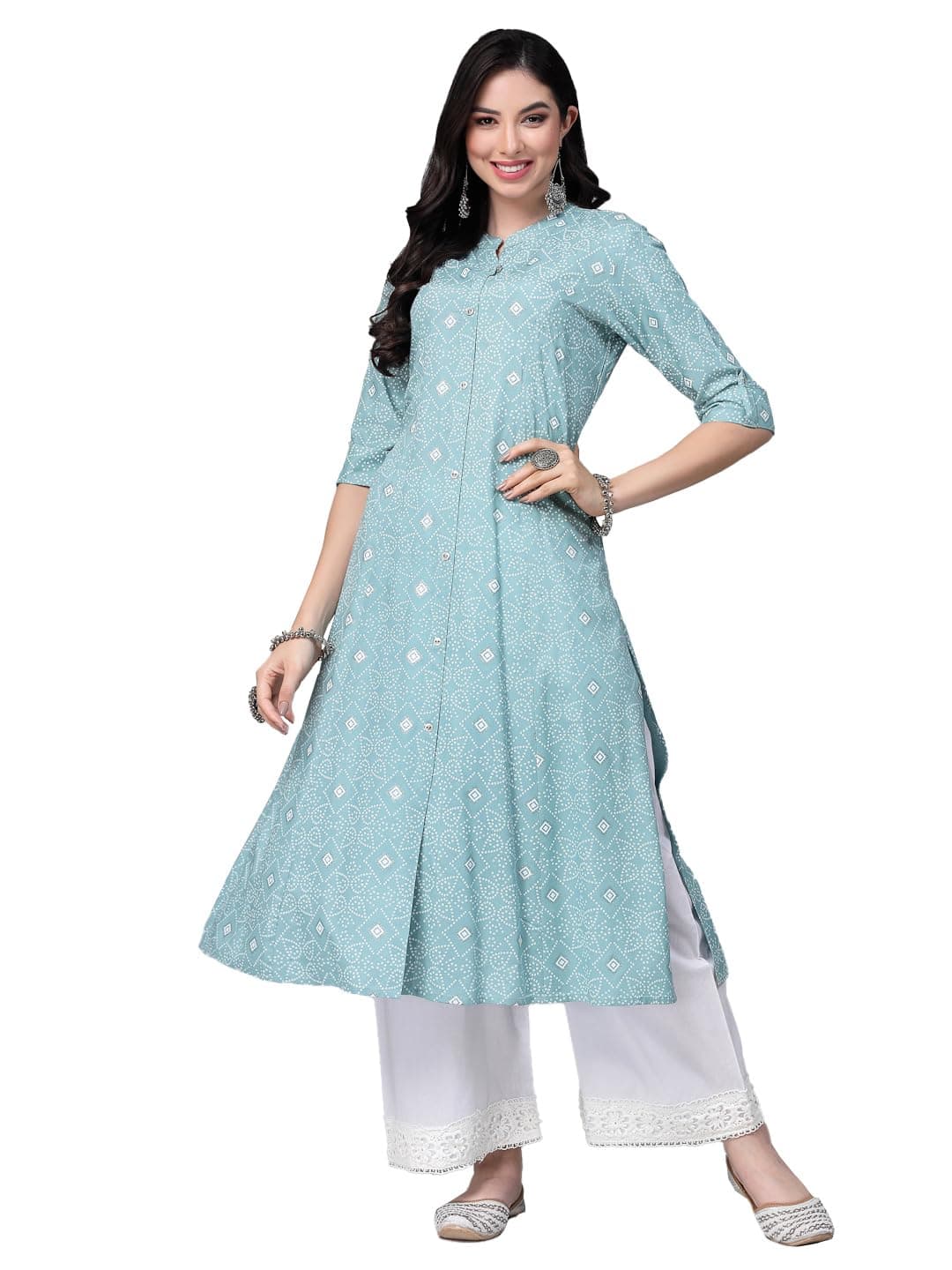 Stylum Women's Printed Rayon A-Line Kurta (SKODAAQUA38_Blue, M), Blue, 38