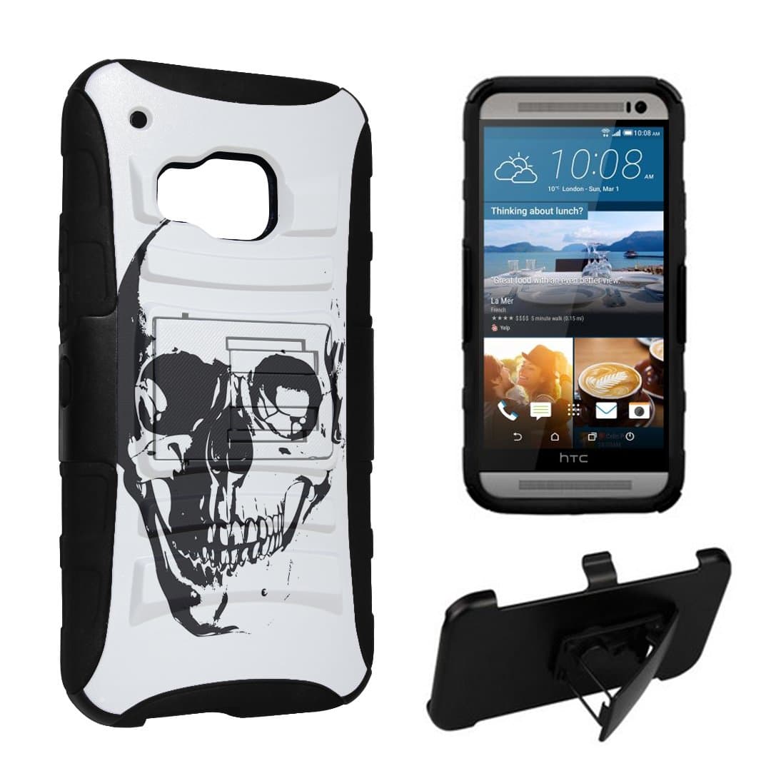 DuroCase HTC One M9 Hybrid Dual Layer Combat Armor Style Kickstand Case w/ Belt Clip Holster Combo - (Skull White)