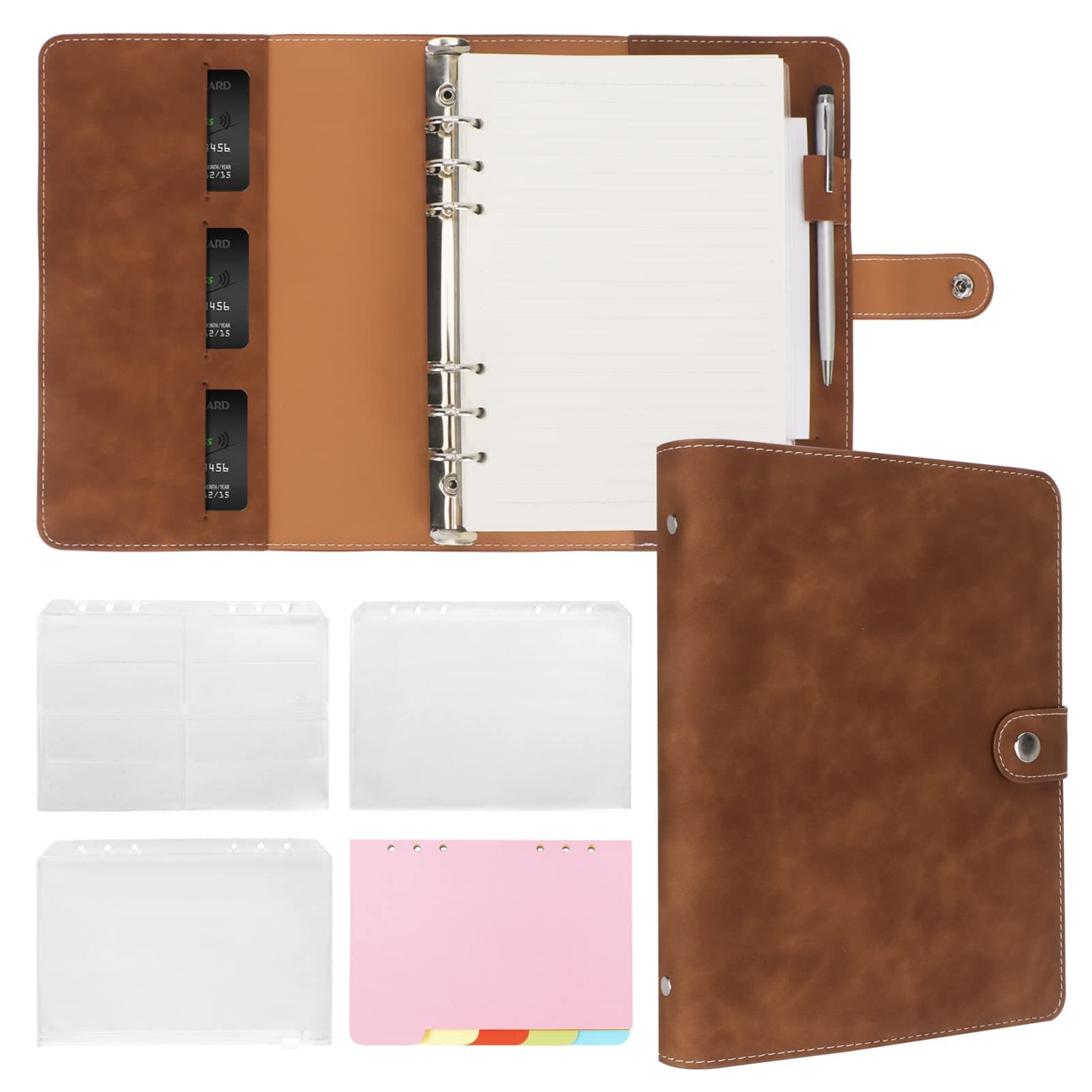FYY A5 Binder Refillable Planner Notebook 6 Ring PU Leather Binder Journal with Pockets, Dividers, Refill Paper Brown