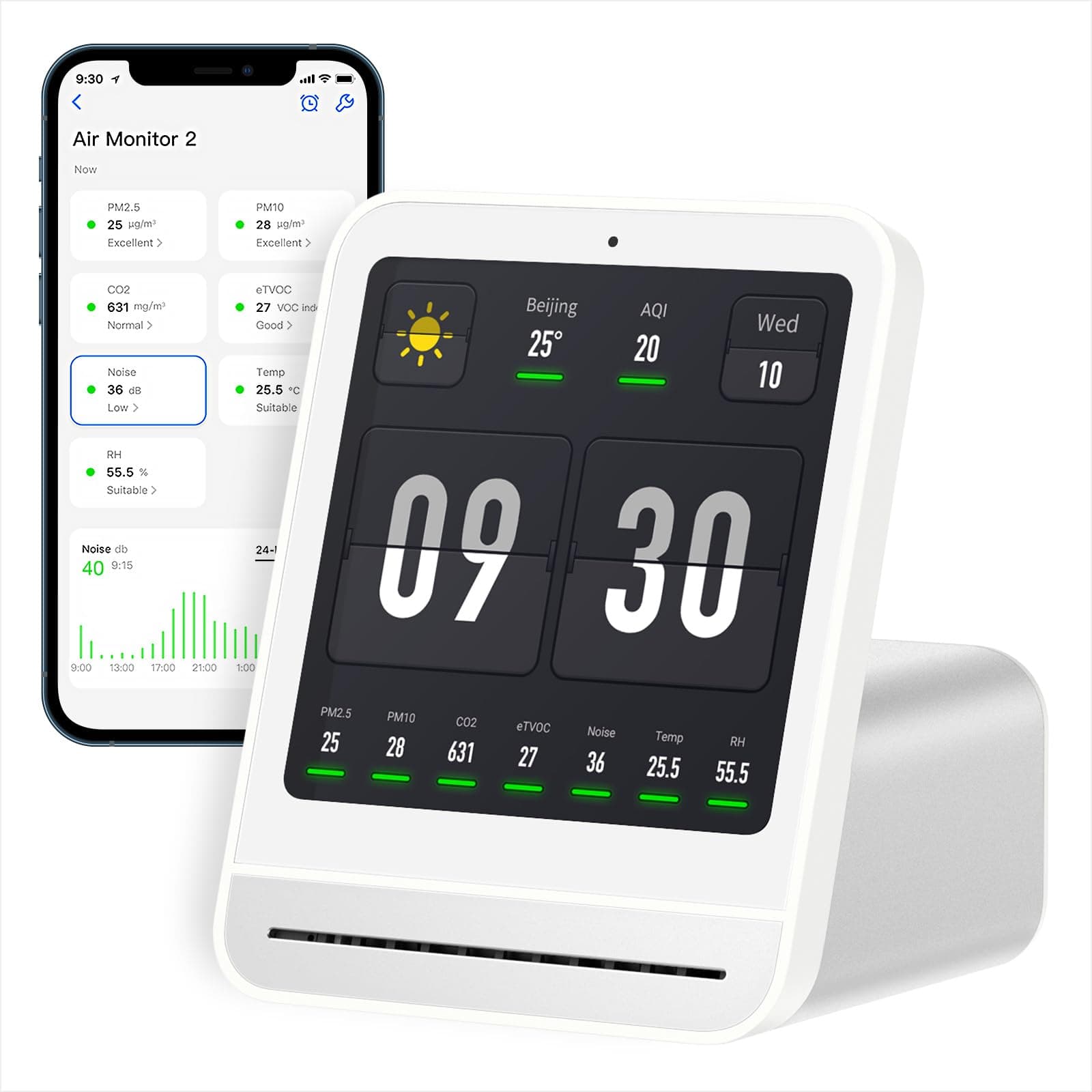 Qingping Air Quality Monitor 2, Indoor Air Quality Detector, PM2.5, CO2, PM10, Noise, Temperature, Humidity, New Alarm Clock, Intelligent Air Quality Tester