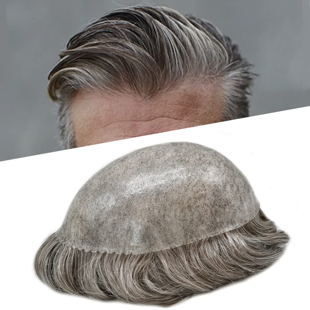 Toupee for Men Hairpiece Mens Hair Replacement System Full Injected PU Durable Skin Mens Toupee Wig Soft Human Hair Piece for Men Grey 6"x8" #260 Darkest Brown+60% Gray-110% Light to Medium Density
