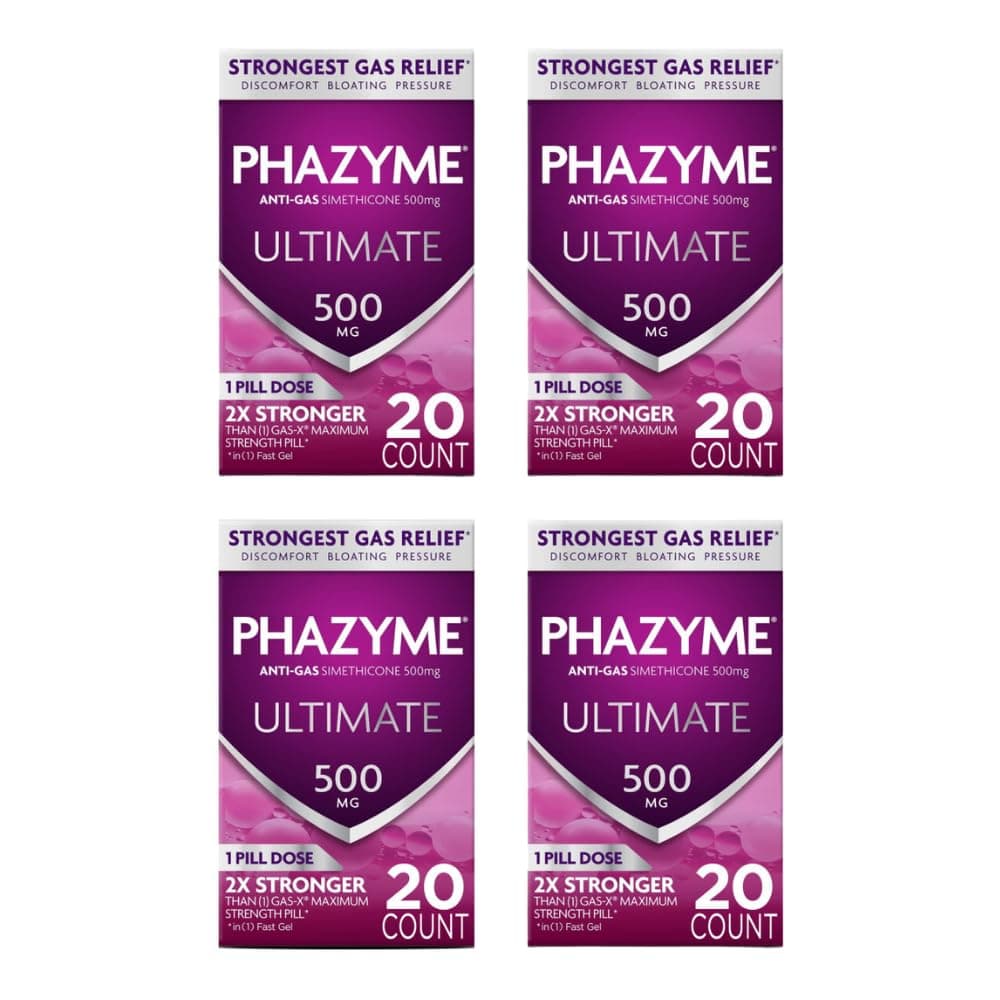 Phazyme Ultimate Gas Bloating Relief Works in Minutes 500 mg Simethicone Fast Gels 20 Count (Pack of 4)