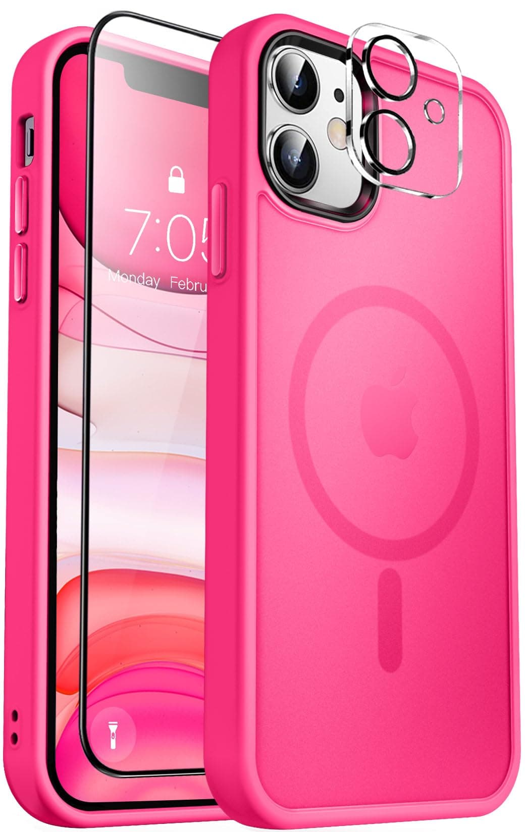 MOCCA Strong Magnetic for iPhone 11 Phone Case,[Compatible with Magsafe][Glass Screen Protector+Camera Lens Protector] Slim Thin Shockproof Cover Case for iPhone 11 6.1 inch, Hot Pink