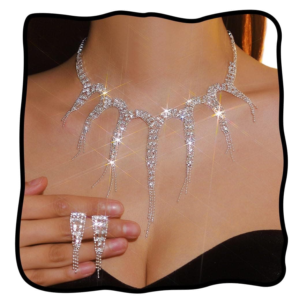 TWINKLEDESilver Rhinestone Necklace Jewelry Set Prom Formal Necklace Earrings Elegant Costume Jewelry Accessories for Women