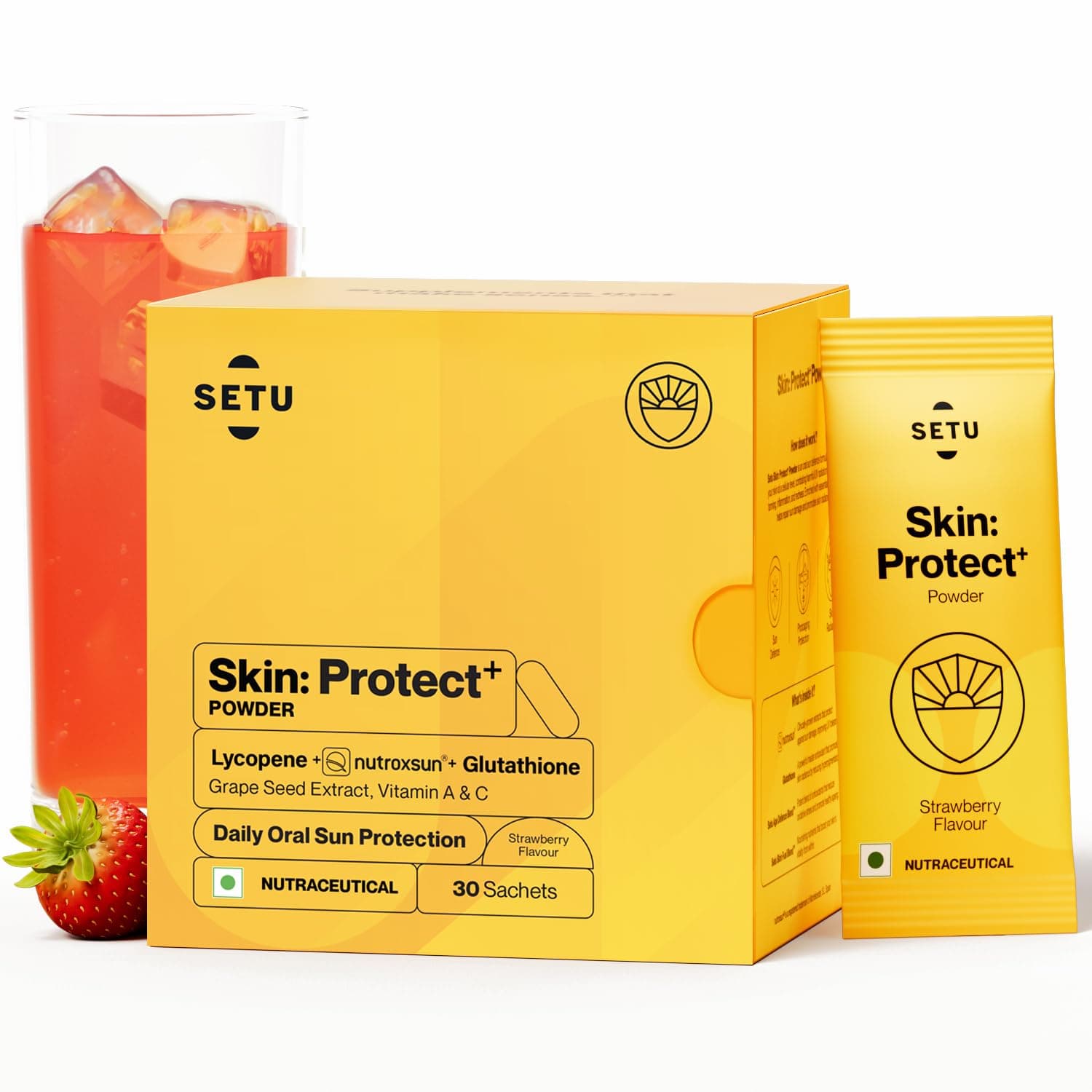 SETU Skin Protect – Drinkable Beauty Supplement with 500mg Glutathione & Plant-Based NutroxSun for Skin Health Support (30 Sachets, Strawberry)