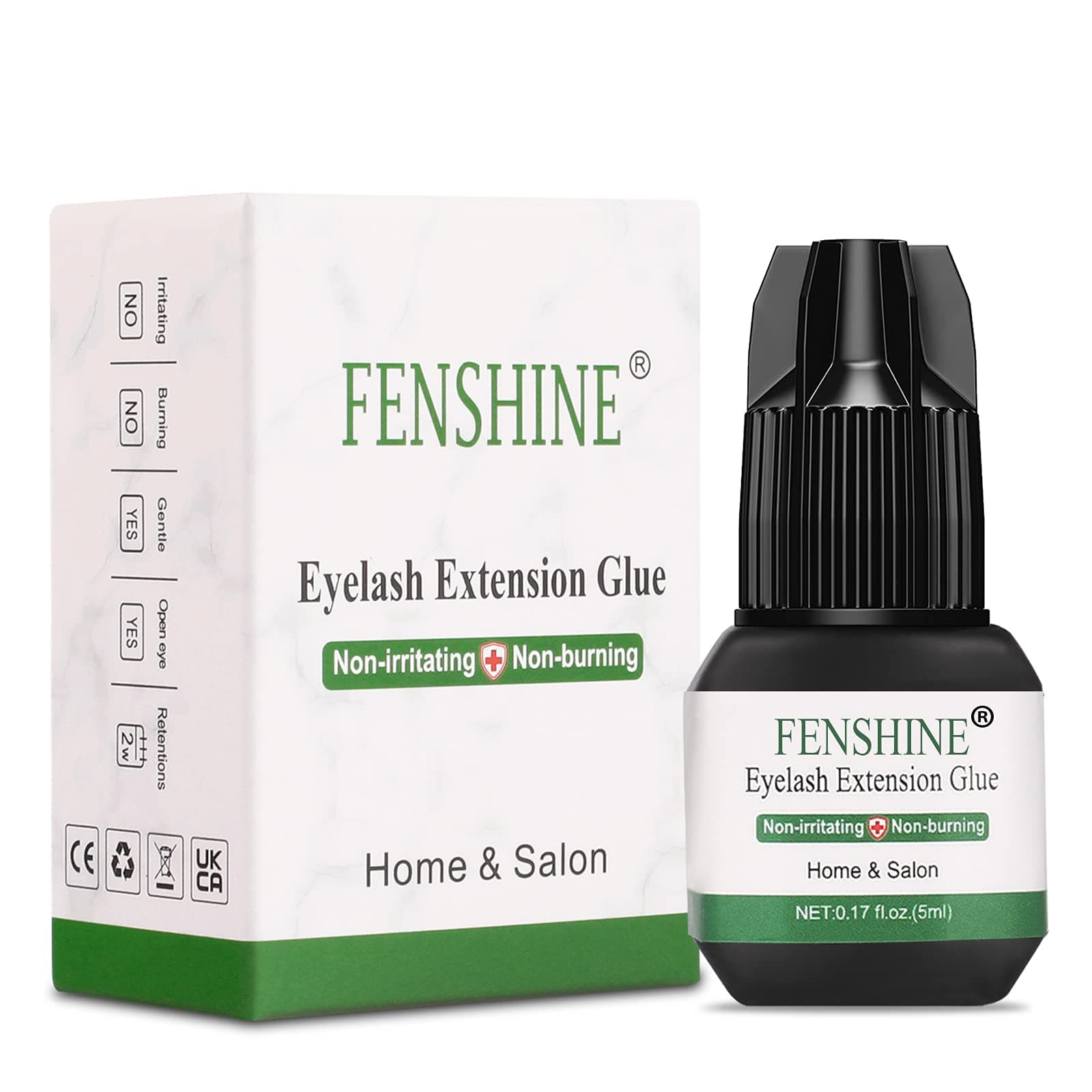 Fenshine Eyelash Extension Glue for Self Application, Home Pro DIY Individual Lash Glue 5ml, No Burning No Irritation with Open Eyes, Black Eyelash Glue Adhesive for Professional Salon and Home Use