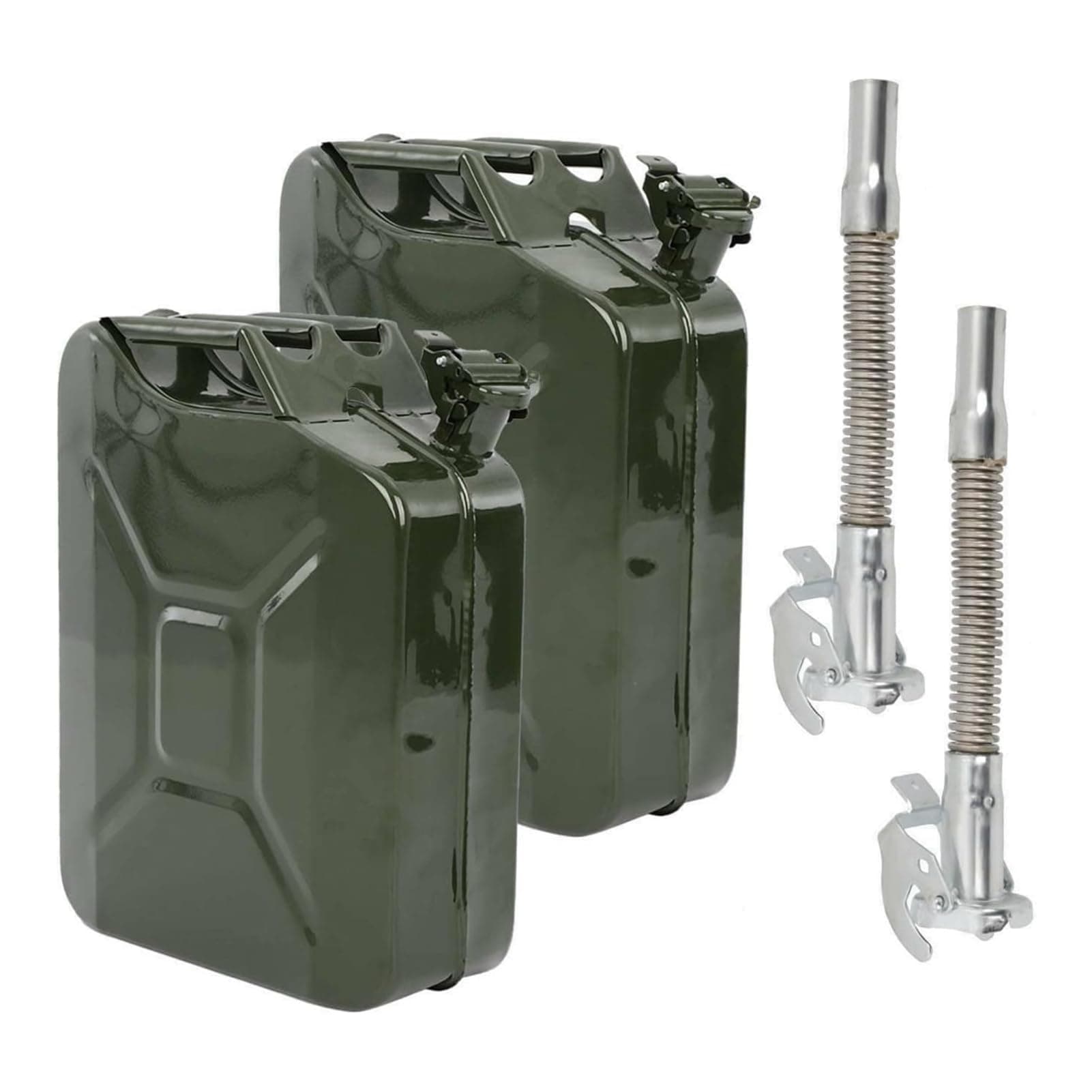 2pcs Metal Jerry Can 20L Olive Green Metal Petrol Cans Container Store with 2 Spout for Fuel Oil Petrol Diesel