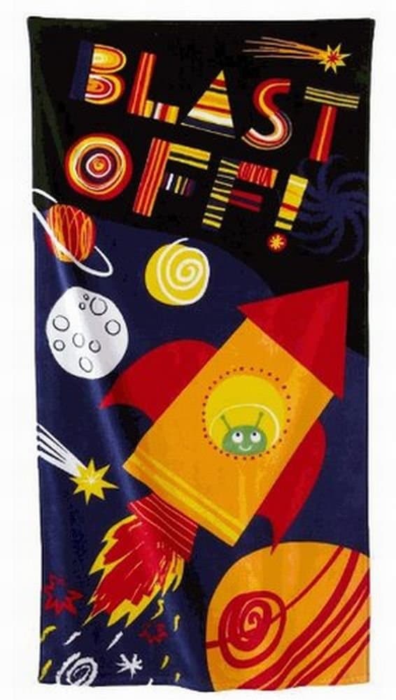 Jumping Beans Blast Off Rocket Plush Cotton Velour Beach Towel 30x60