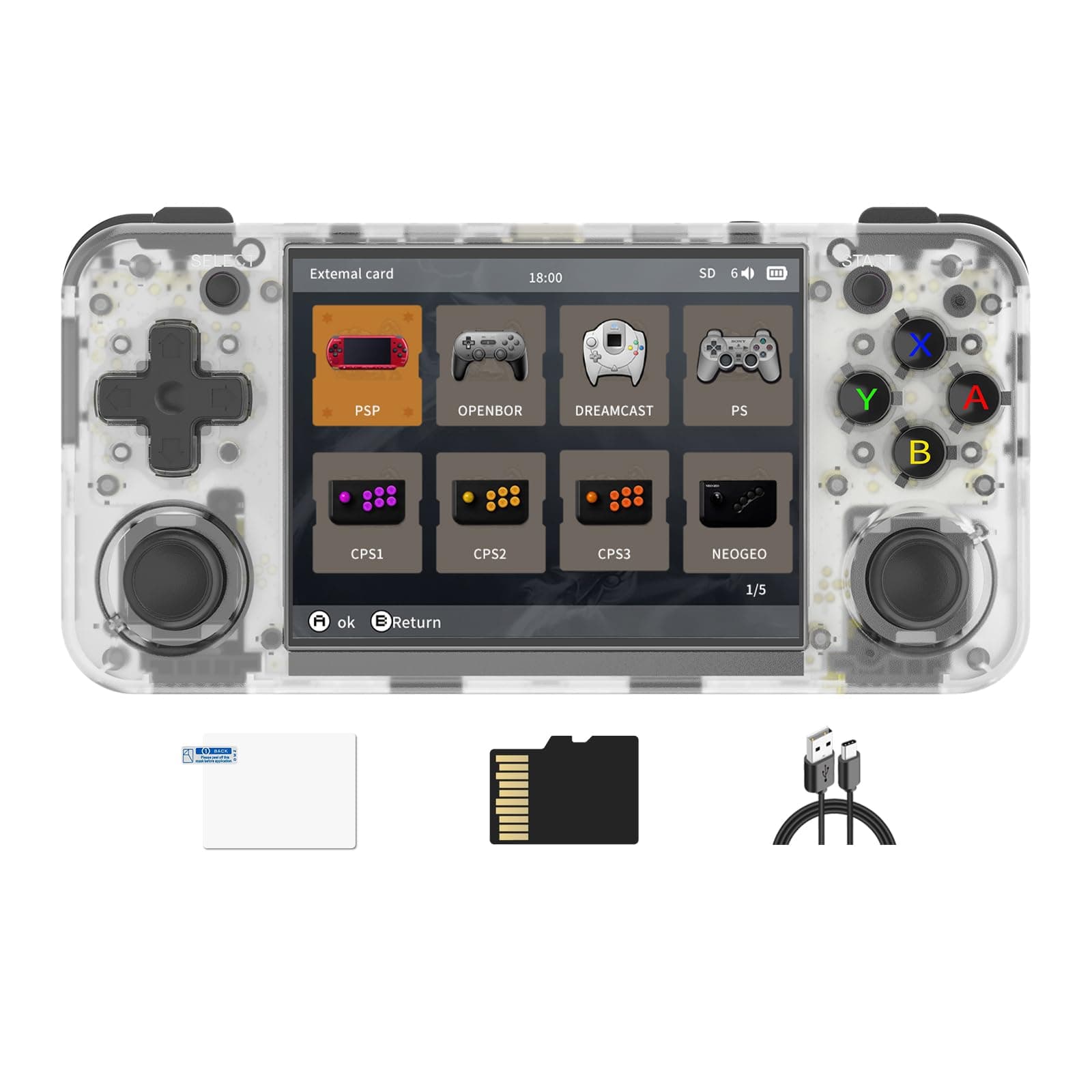 RG35XX H Retro Video Handheld Game Console 3.5 in IPS Screen Linux OS 64G TF Card with 5500 Classic Games Built-in 3300mAH Battery Compatible with 5G WiFi and Bluetooth 4.2(White Translucent)