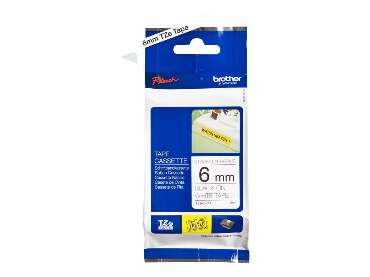 BrotherTZe-S211 Labelling Tape Cassette, Black on White, 6mm (W) x 8M (L), Strong Adhesive, Brother Genuine Supplies