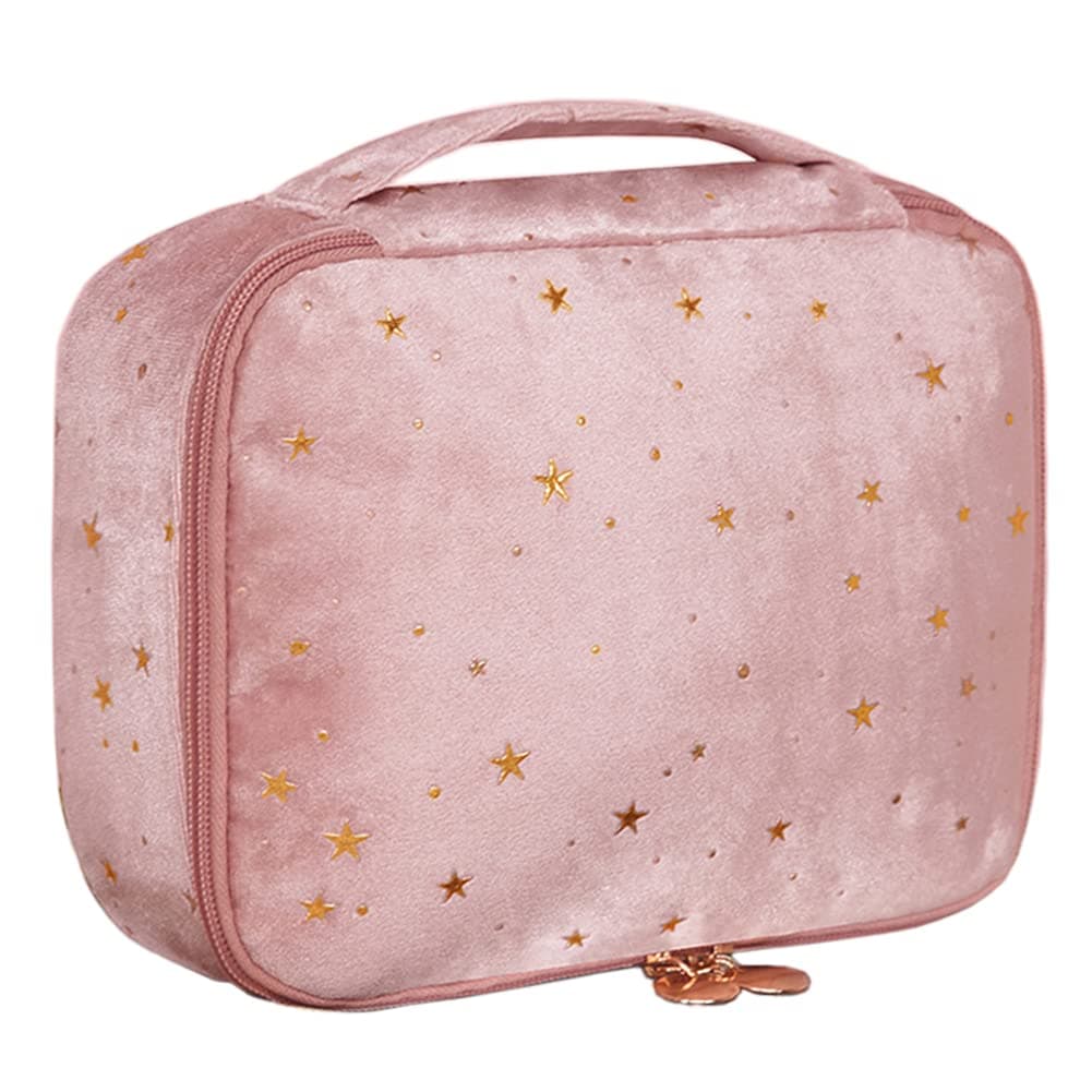 HOYOFO Women Cosmetic Makeup Bag with Makeup Brush Holder Travel Velvet Cosmetic Bags with Zipper Starry Make up Pouch Bag, B Pink