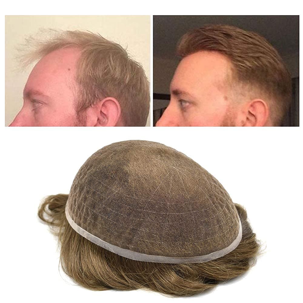 Toupee for Men Human Hair System Replacement All French Lace Mens Wig Hairpieces Natural Hairline (8"X10", #18 Medium Blonde-100% Light to Med-light Density)