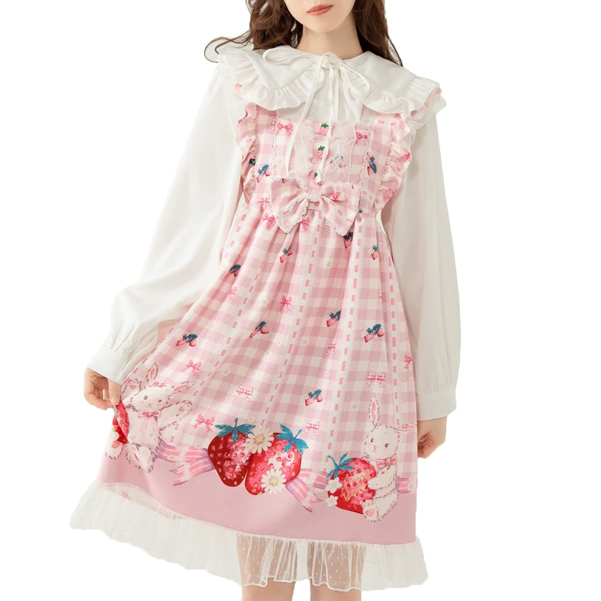 Sweet Teens Japanese Style Lolita Dress Cute Bunny Strawberry Print High Waist Plaid Dresses