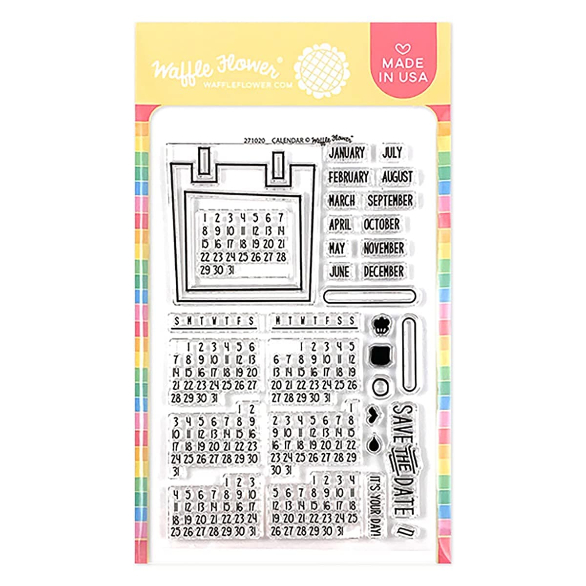 Calendar Stamp Set - This is a 4" x 6" Set of 32 Stamps. Approximate Stamp Size: -Calendar Frame: 2-1/4" x 2-3/8" -Monthly Calendar Dates: 1-3/8" x 1" -June: 3/8" x 1/4"