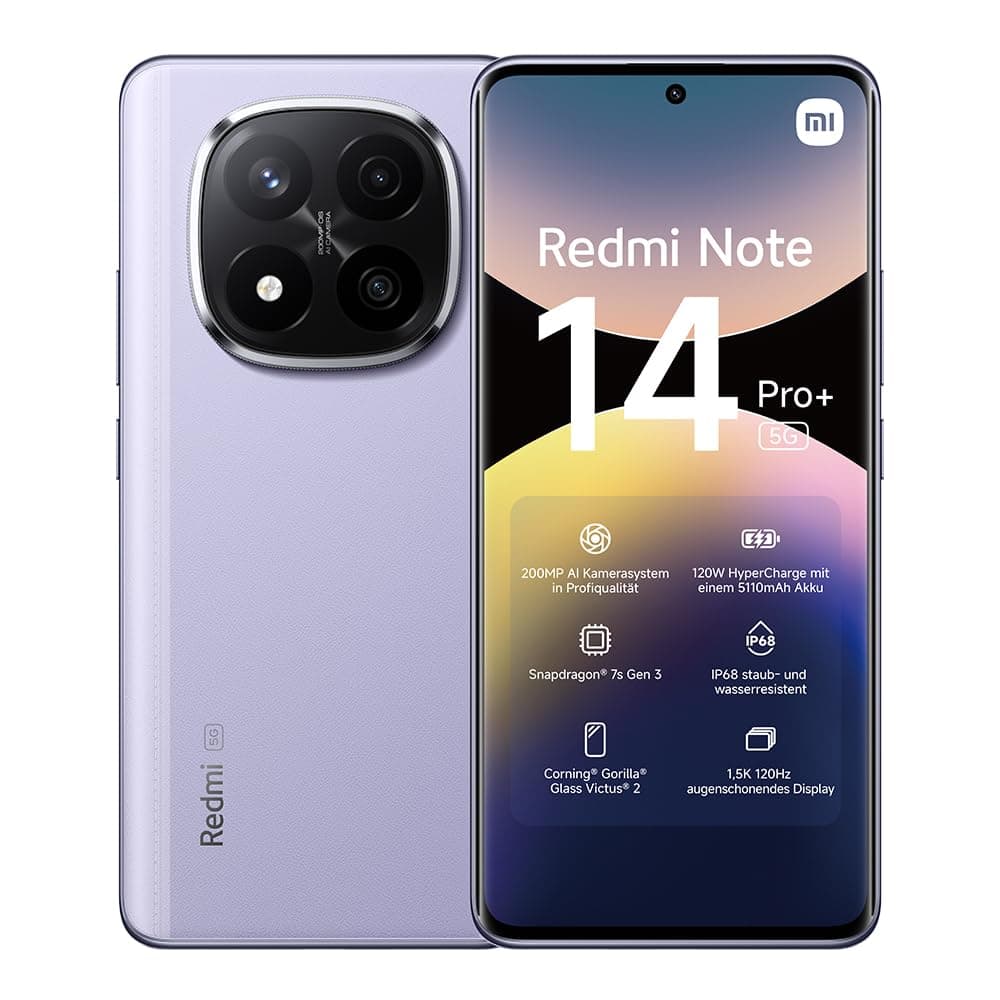 Xiaomi Redmi Note 14 Pro+ 5G smartphone, 8+256GB, purple, 200MP pro-grade AI camera, IP68, 120W HyperCharge, AI features (no charger included), 2 year Warranty