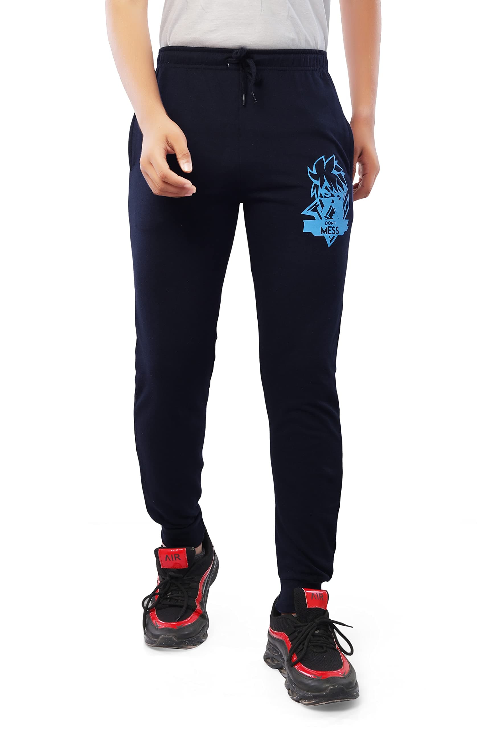 njoy Boy's Pure Cotton Printed Jogger Track Pants with 2 Side Pocket/Tapered Slim Fit/Casual/Sports Wear Lowers/Trousers/Tracksuit (Navy Blue, 11-12 Years)