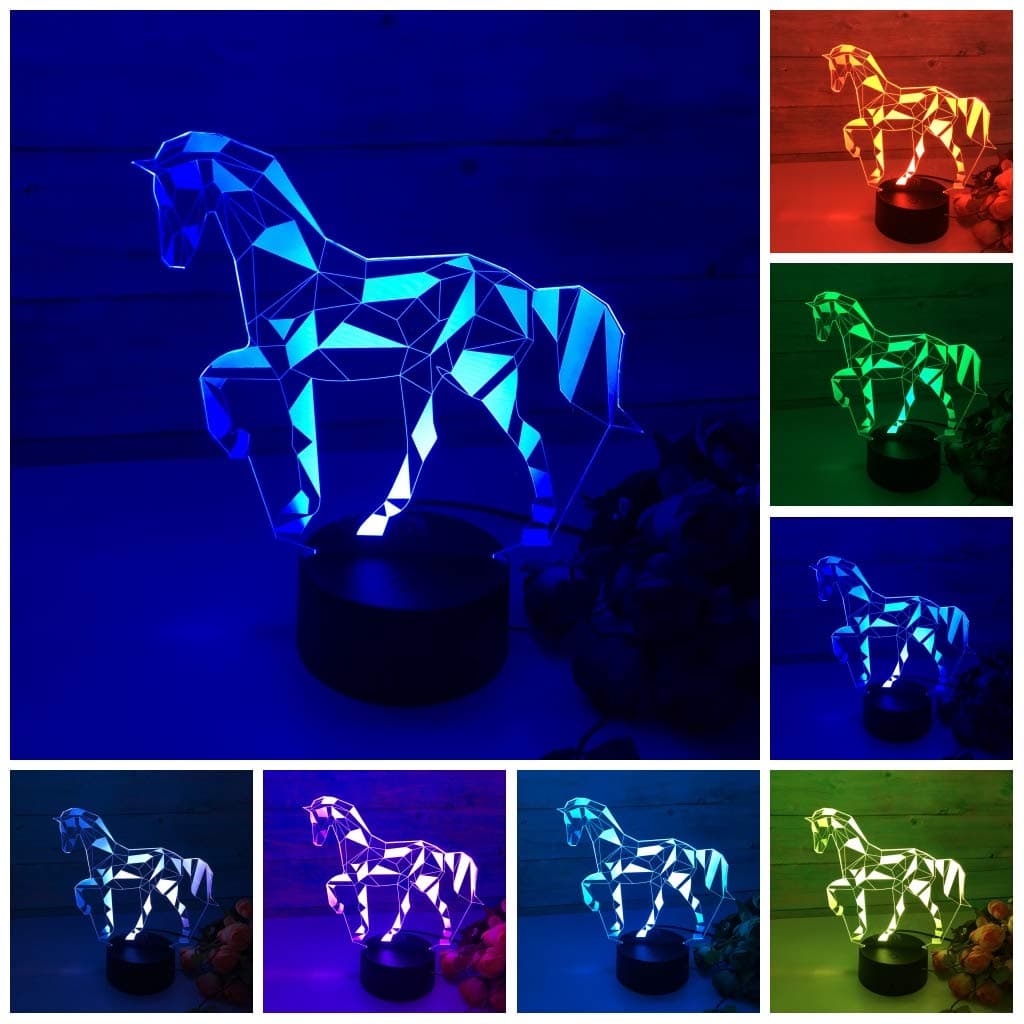 Night Lights for Kids 3D Horse Lamp Dinosaur Illusion Lamp 7 Color Changing with 2 Patterns(Horse+Dinosaur) Cool Night Light Horse Gift for Kids, Girls,Boys & Dinosaur Fans