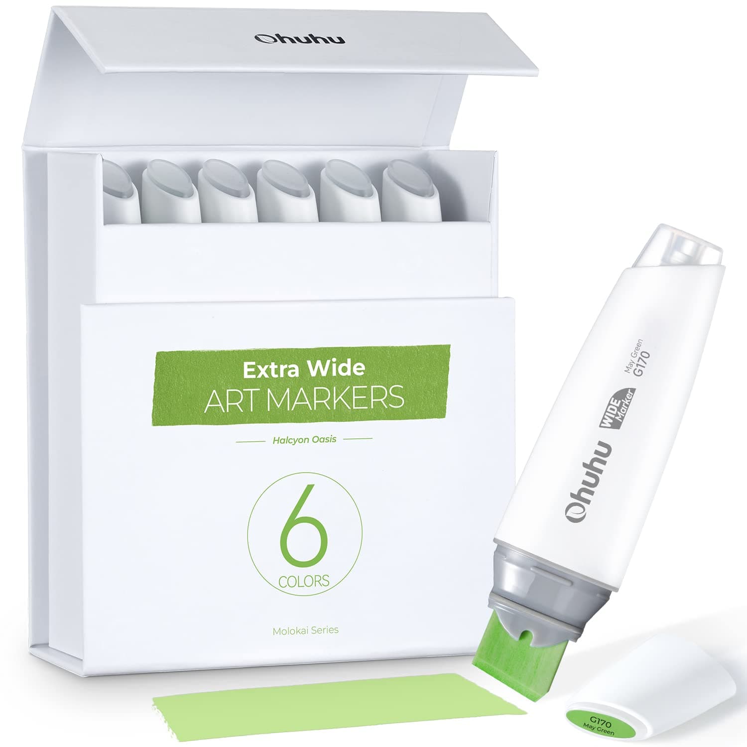 Ohuhu Alcohol Markers Extra Wide Broad Tip - Refillable Ink- 6 Colors of Halcyon Oasis - 1-19mm Nib Calligraphy Markers for Background Poster Design Renderings Large Areas Coloring Molokai