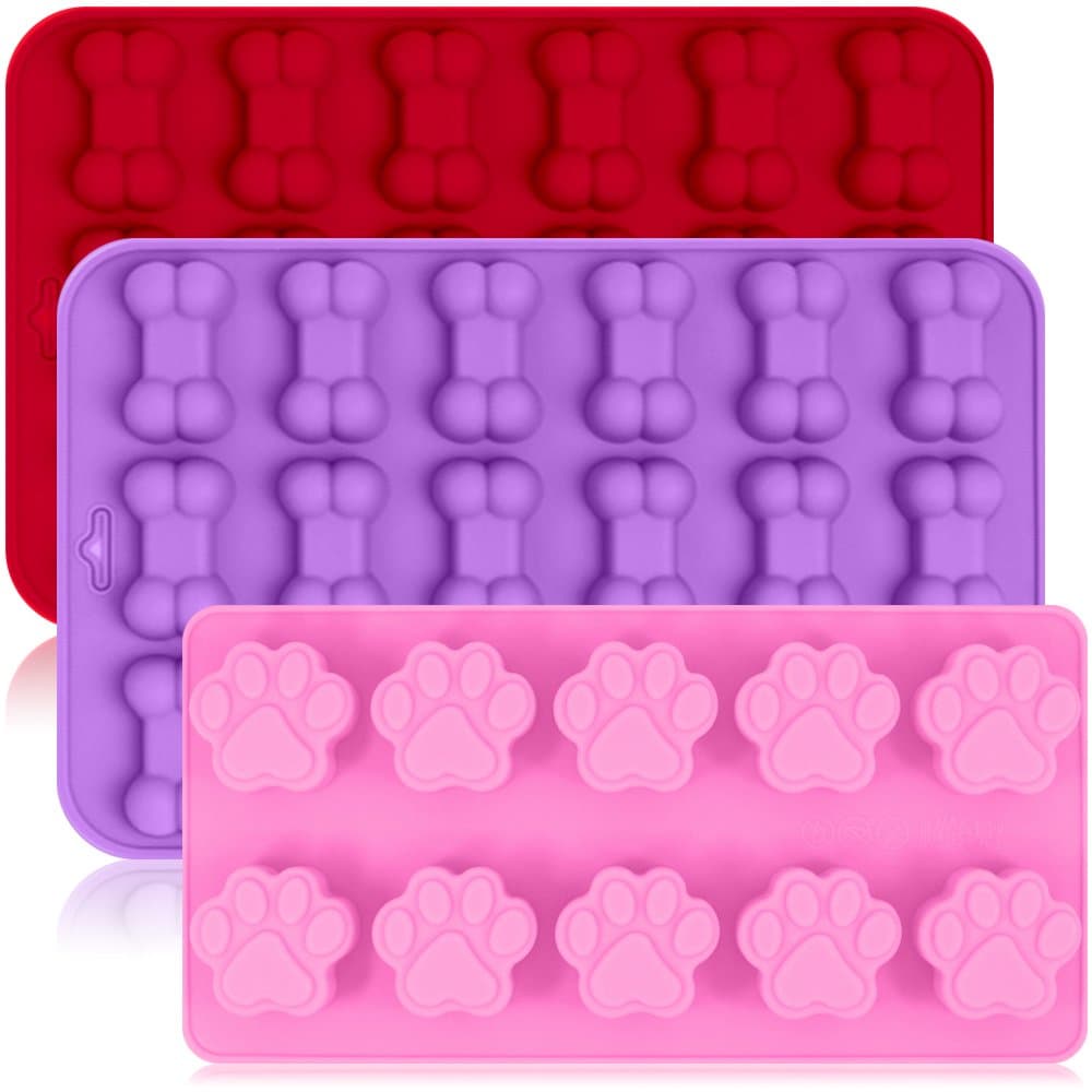 FineGood 3 Pack Silicone Ice Molds Trays with Puppy Dog Paw and Bone Shape, Reusable Bakeware Maker for Baking Chocolate Candy, Oven Microwave Freezer Dishwasher Safe - Pink, Red, Purple