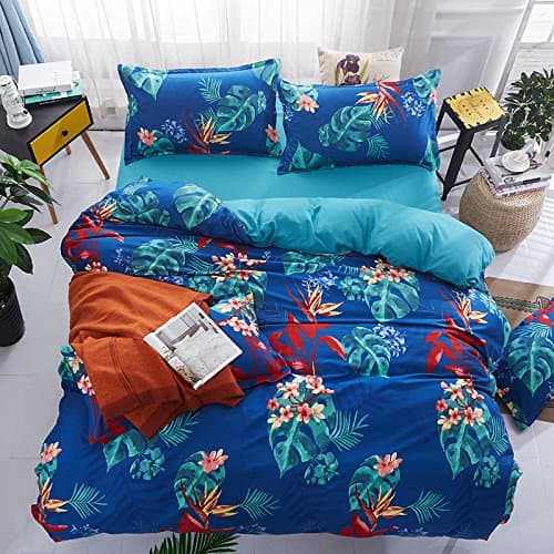 Bedding Sets Duvet Cover and Pillow Shams 3 Pieces Queen/Full, Blue Tropical Plant Monstera Leaves Red Flowers Soft Microfiber Printed Reversible Design (Full/Queen, (1Duvet Cover+2Pillowcases)#03)