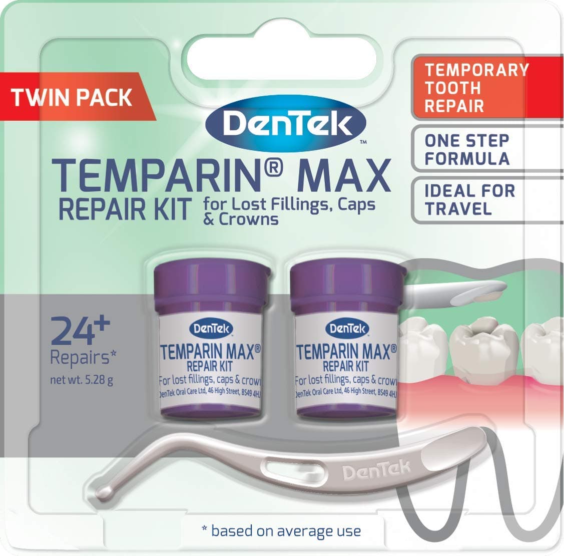 DenTek Temparin Max, Home Temporary Dental Repair Kit Twin Pack for Reparing Lost Fillings or Securing Loose Caps, Crowns or Inlays, 24+ Repairs