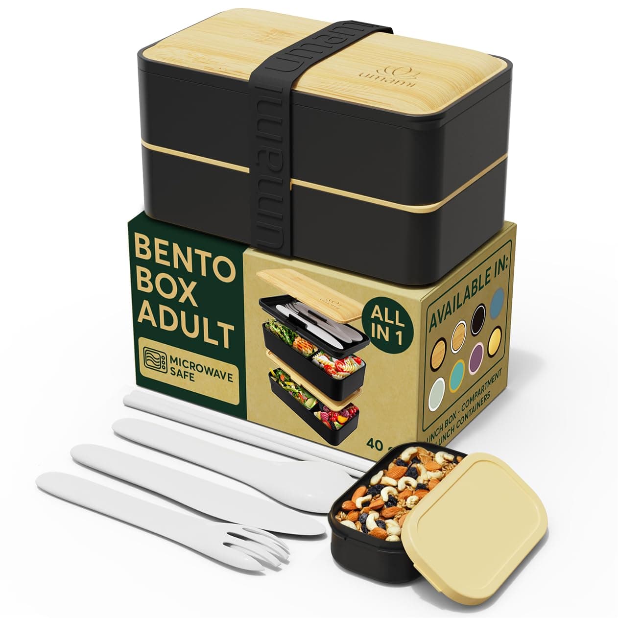 Umami Bento Box Adult All-in-1 w/4 Utensils, Big Sauce Jar, 2 Dividers, 100% Leakproof, Microwave & Dishwasher Safe Stackable Bento Lunch Box Containers for Men/Women, Black & Beige, 1200 ml