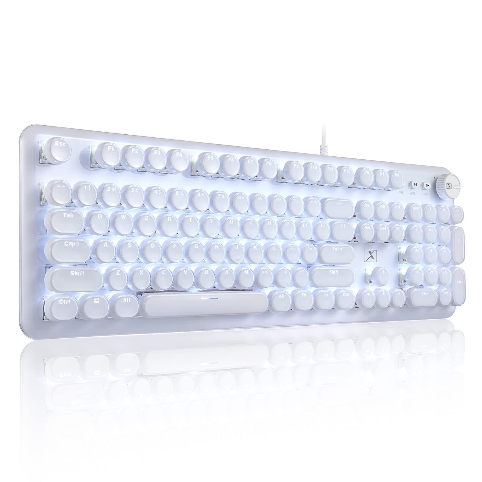Gaming Keyboard with Retro Punk Typewriter Style. Blue Switch, Stylish White Backlight and White Mechanical Keyboard, Wired USB-A. for Game and Work.