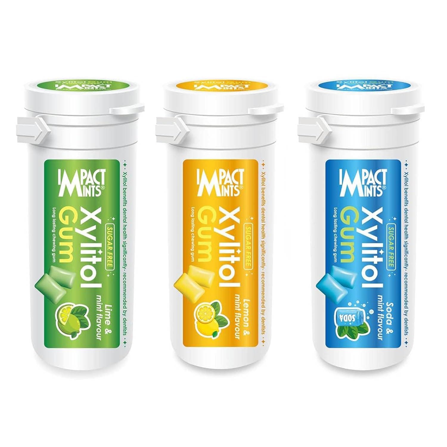 "IMPACTMINTS" Sugar Free Xylitol Chewing Gum Assorted Flavour - Lemon, Lime & Soda (Pack of 3, 30g Each)