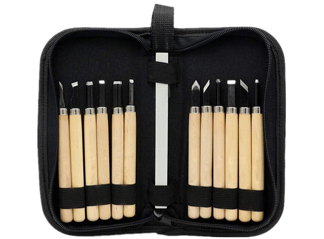 Wood Carving, 12 Carving Tools Set with Knife Stone & Carrying Pouch - Perfect Knife Kit for Beginner