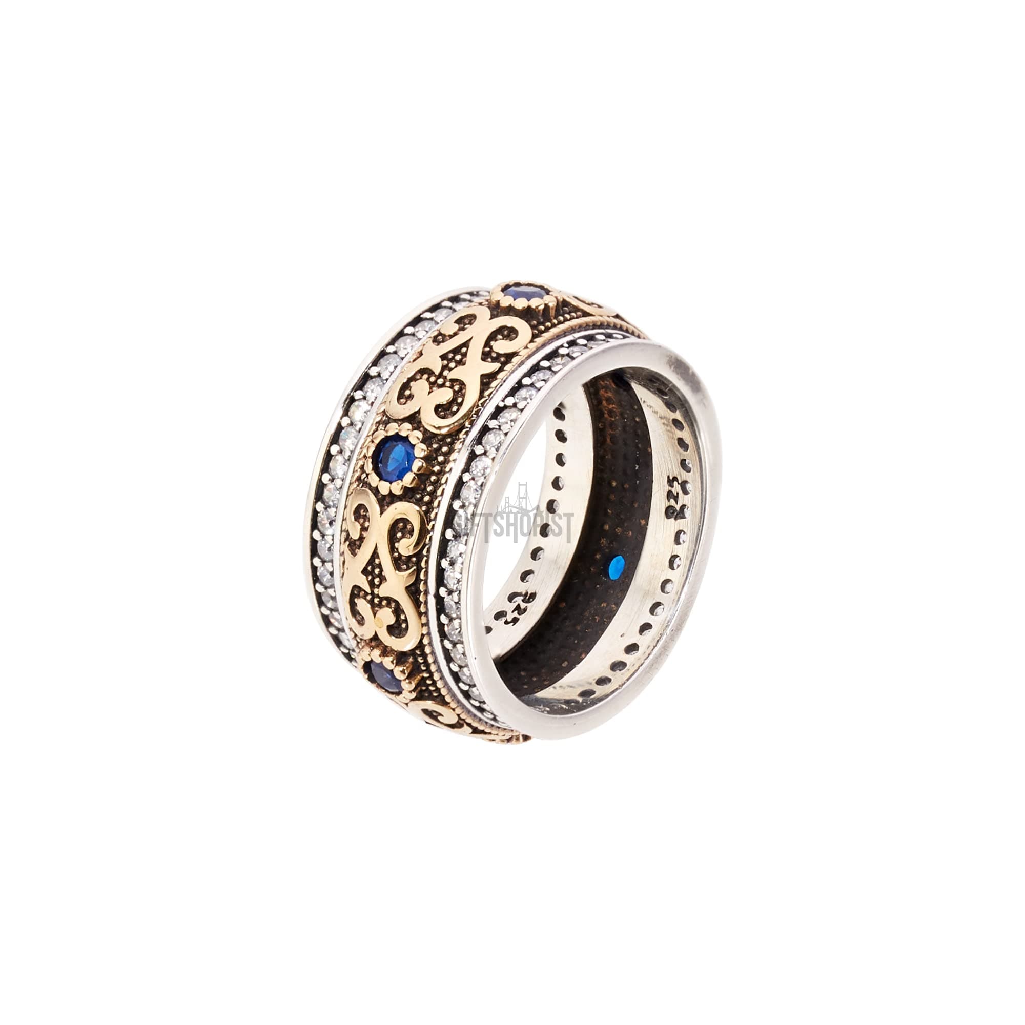 Handmade Turkish Authentic Jewelry Round Shape Cut Sapphire Topaz 925 Sterling Silver Band Ring for Gift for Ladies Size Options