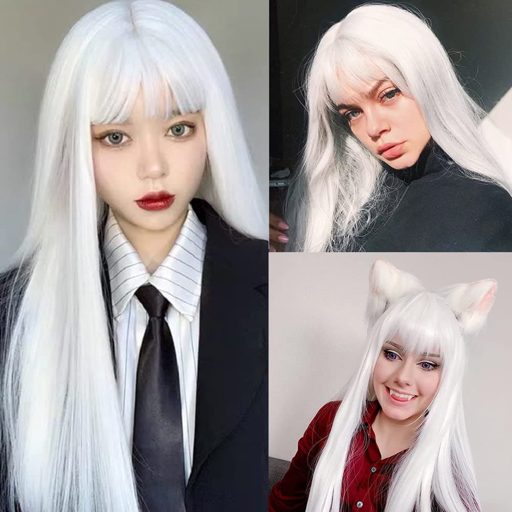 White Straight Long Wigs for Women with Flat Bangs Synthetic Hair Natural Looking Halloween Cosplay Daily Wig with Wig Cap