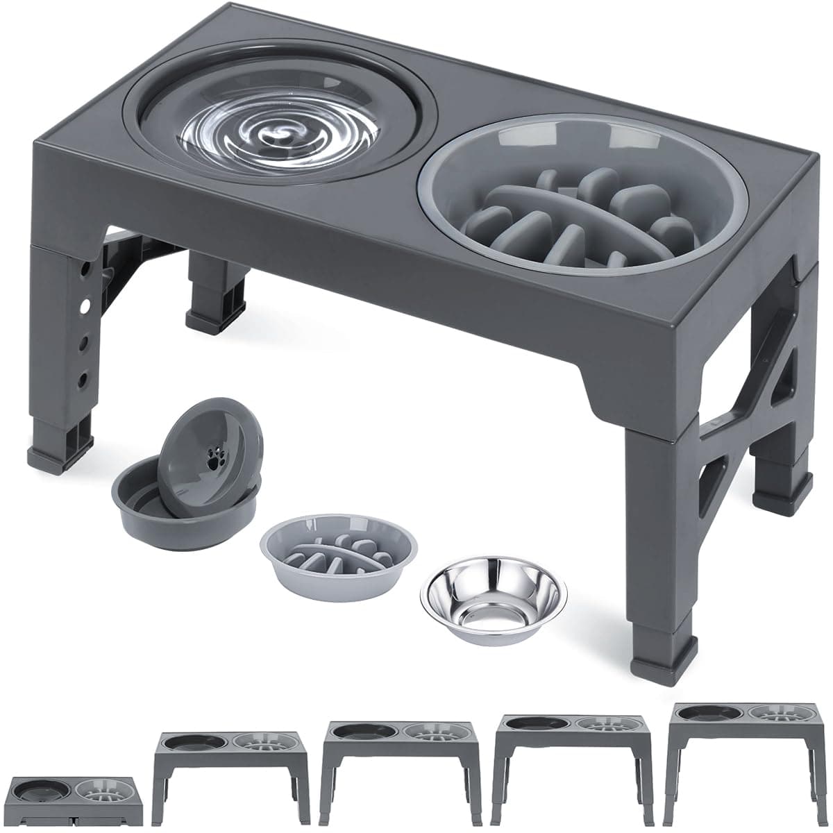 Elevated Dog & Cat Bowls - 5 Height Adjustable, Slow Feeder & Non-Slip, Deep Grey