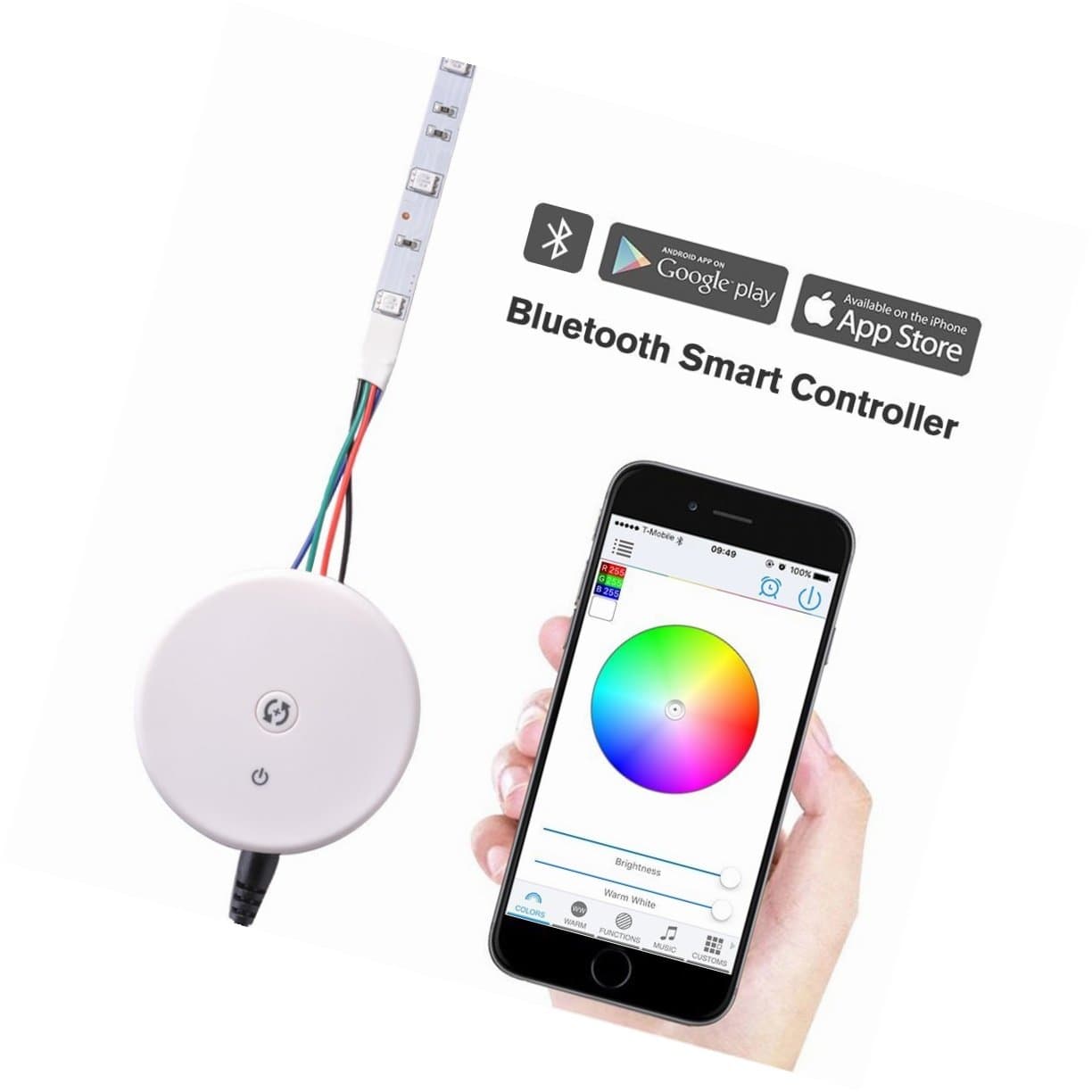 Sunix® UFO Bluetooth RGB/RGBW LED Strip Light Controller,DC 12-24V Mini Controller with Remote Function for iOS or Android Smartphones (Not Included LED Strip)