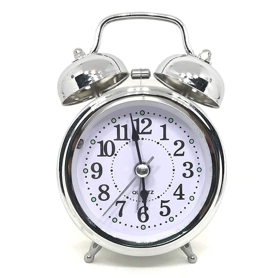 WOODSTER Analogue Vintage Look Twin Bell Table Alarm Wind-Up Clock with Night Led Light (Silver)