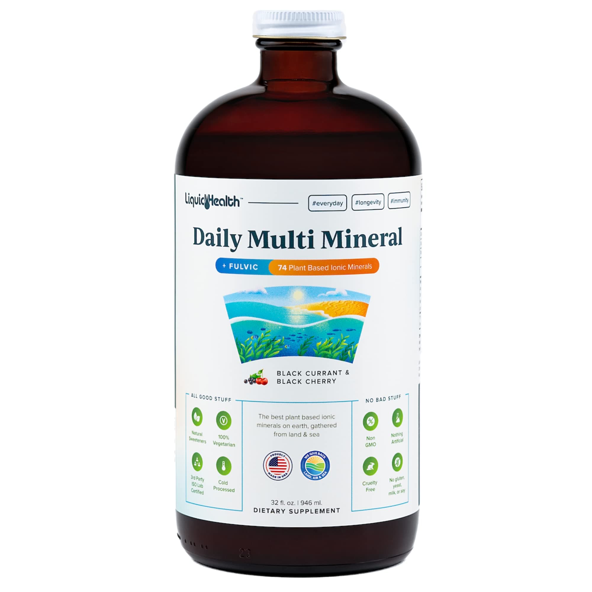 Daily Multi Mineral Liquid Supplement with Fulvic Acid, Plant Based Ionic Aquamin Sea Trace Ocean Minerals - Immune Support, Energy, Gut Health, Detox - Made in USA, Vegetarian (32 oz)