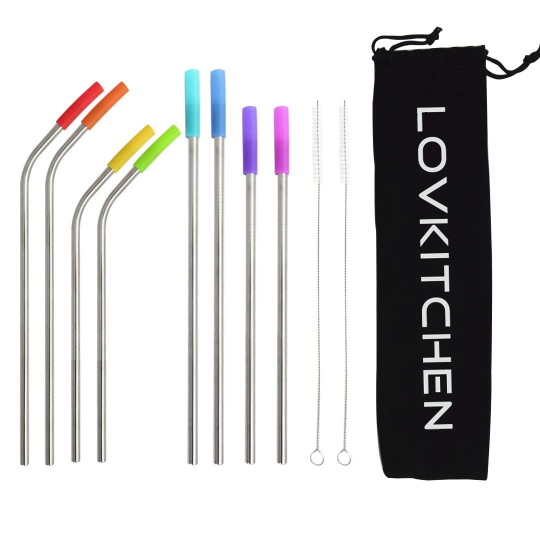 LOVKITCHEN Set of 8 Reusable Stainless Steel Straws with 1 Pouch,2 Cleaning Brushes,8 Silicone Tips, Eco Friendly Extra Long Metal Straws Drinking for 20&30oz Tumblers