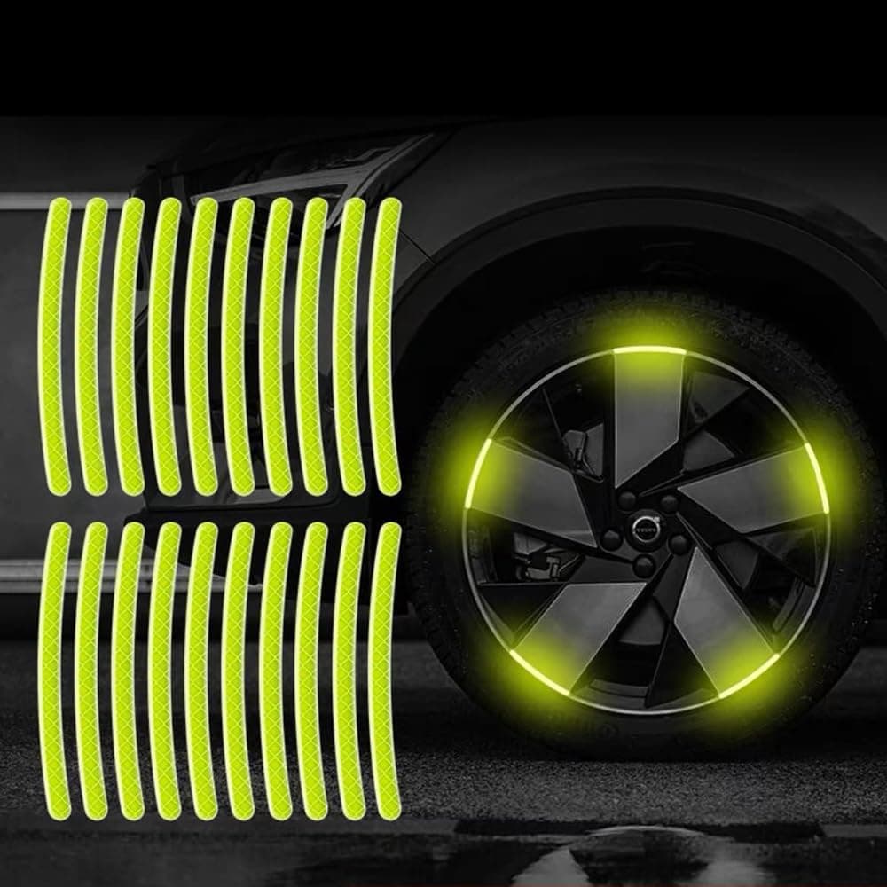 FapiwenCar Wheel Reflective Stickers, 20pcs Reflective Wheel Rim Stripe Stickers, Night Safety Warning Car Stickers, Wheel Safety Decorative Car Decals Universal for Car Motorcycle Bicycle (Yellow)