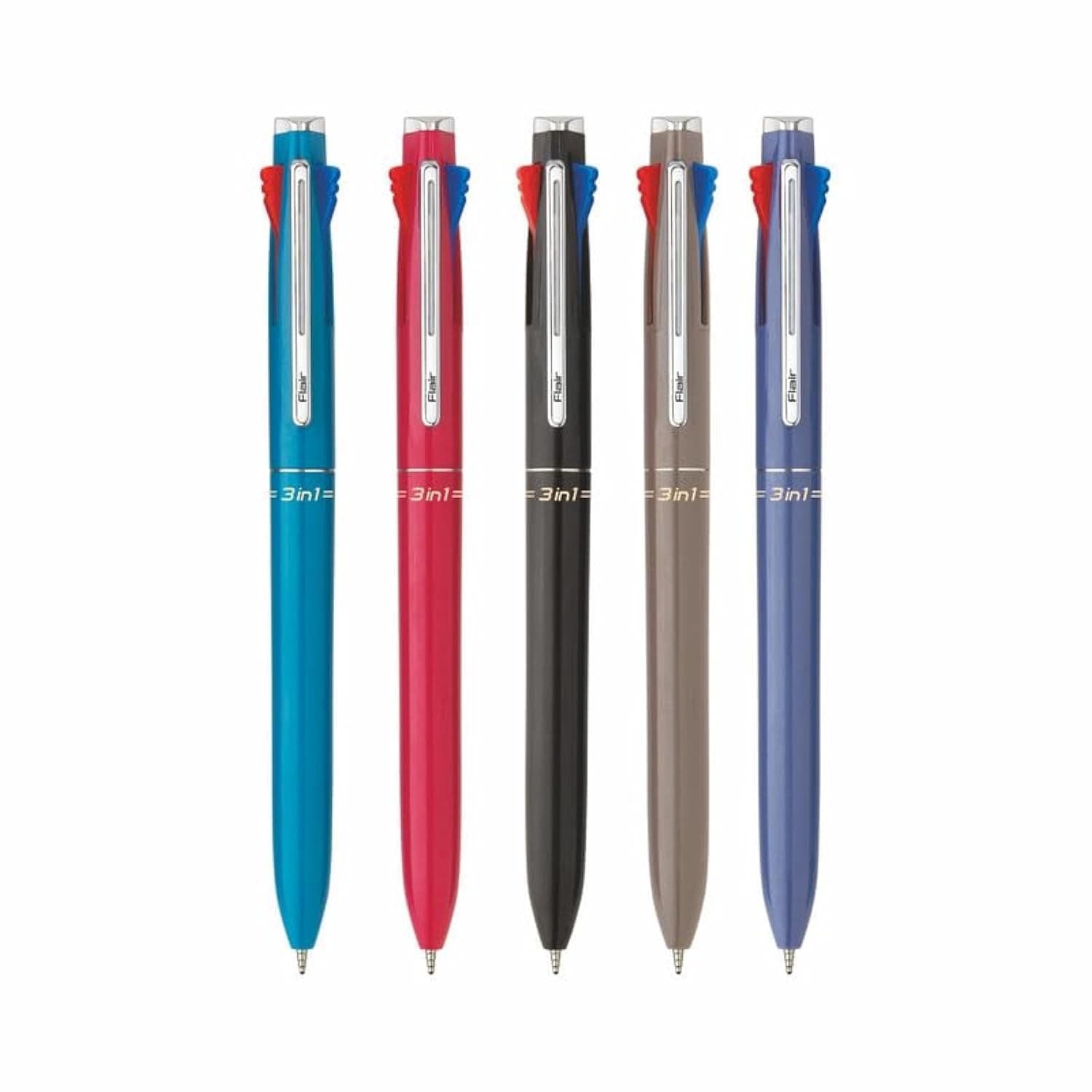 3 in 1 Retractable Ball Pen | 3 Ink Colors in One Pen | Multi Use Pen for Pleasant Writing Experience | Effortless Writing with Sleek Clip Design | Blue, Black & Red Ink, Pack of 5