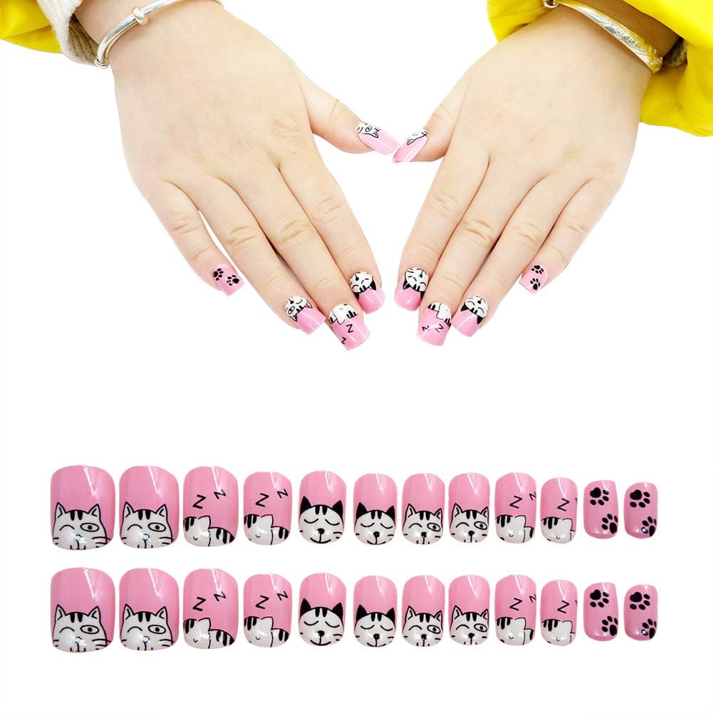 24pcs Children Nails Press on Pre-glue Full Cover Gradient Color Rainbow Short False Nail Kits Gift for Kids