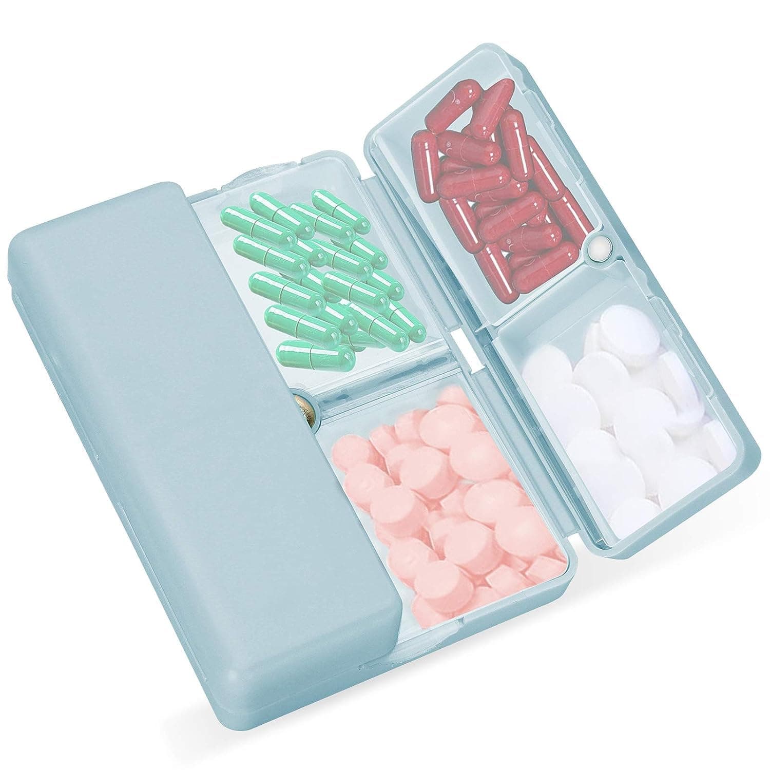 Daily Pill Organizer, 7 Compartments Portable Pill Case Travel Pill Organizer, [Folding Design]Pill Box for Purse Pocket to Hold Vitamins,Cod Liver Oil,Supplements and Medication-Blue