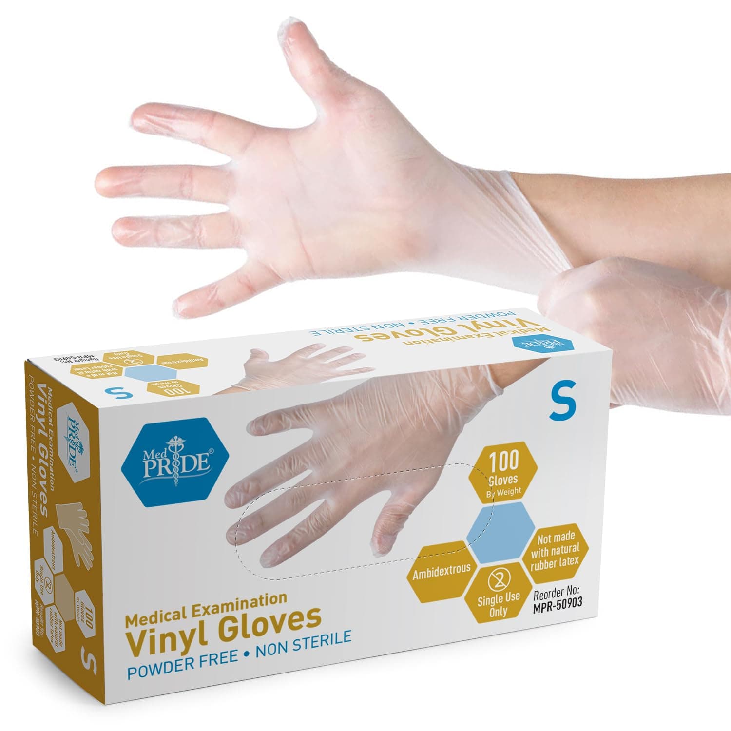 MED PRIDE Disposable Medical Grade Vinyl Exam Gloves, Latex & Powder Free, Ultra-Strong, for Healthcare & Food Handling (sMALL (Pack of 100) 100 Clear)